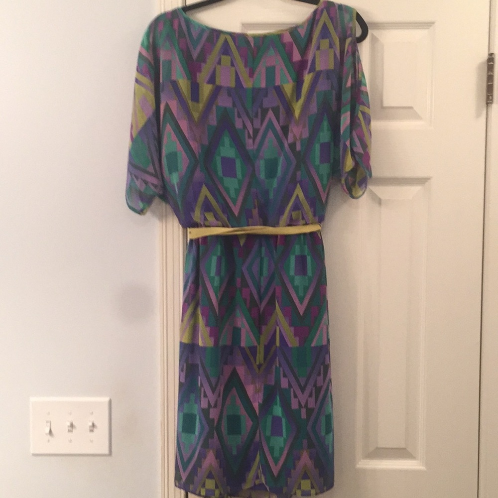 Adrianna Papell Geometric Print Midi Dress - Green, Purple, Yellow - Picture 2 of 13